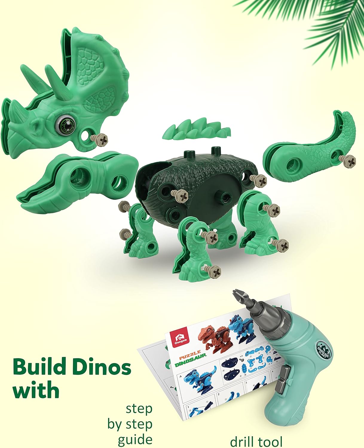 Coogam Dinosaurie Byggleksaker – 3-pack Monteringsbara Dinosaurier med Elborr