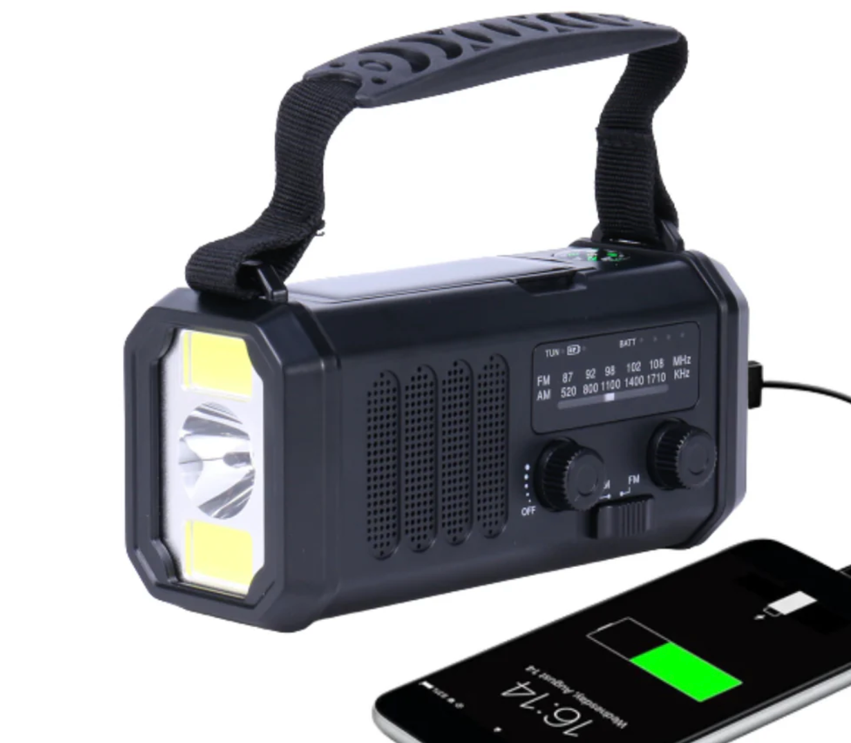 Nødradio - innebygd powerbank på 10 000 mAh, lampe og sveivgenerator