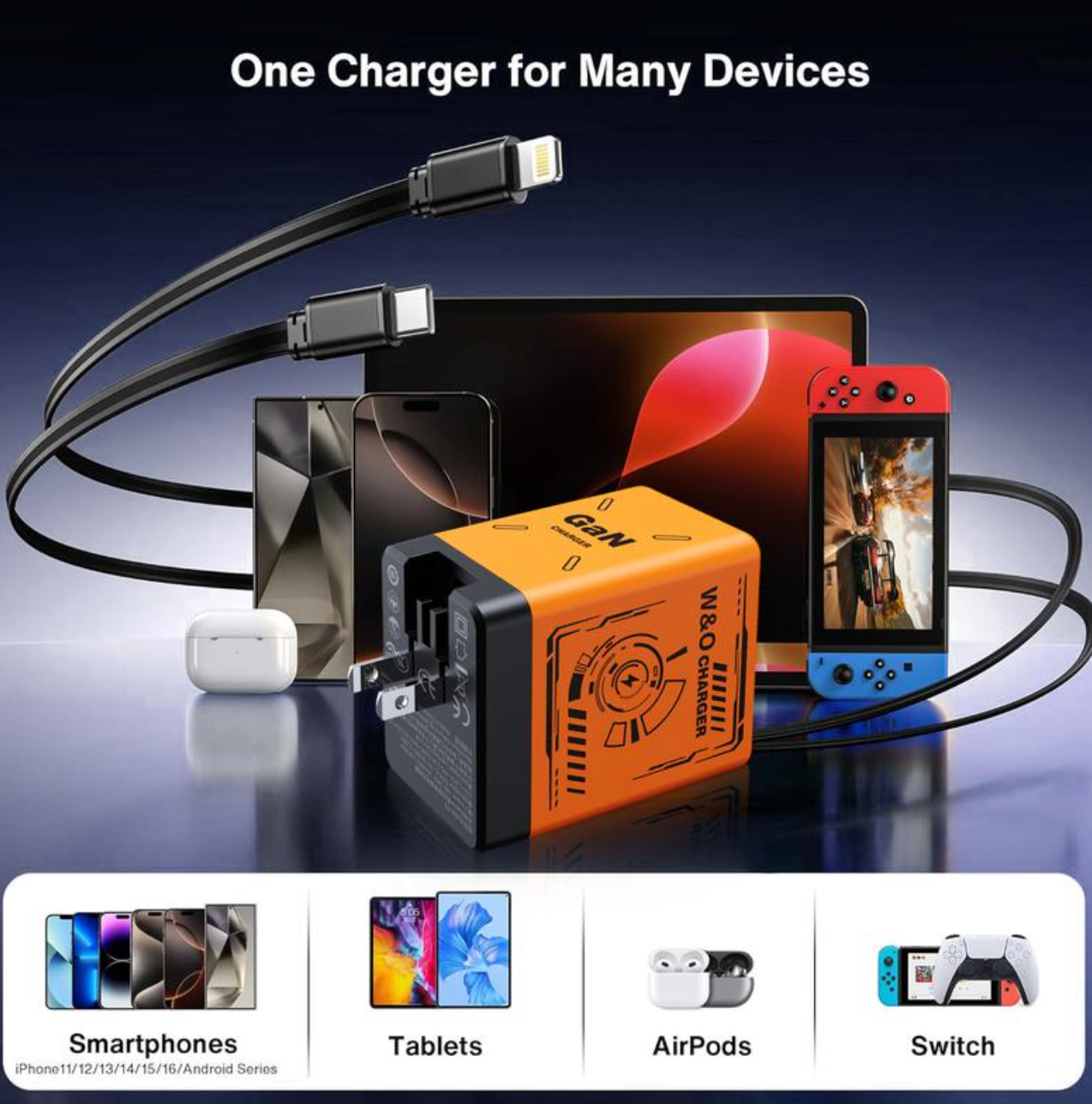 W&O 2-i-1 GaN Snabbladdare – 120W med Inbyggda Utdragbara Kablar