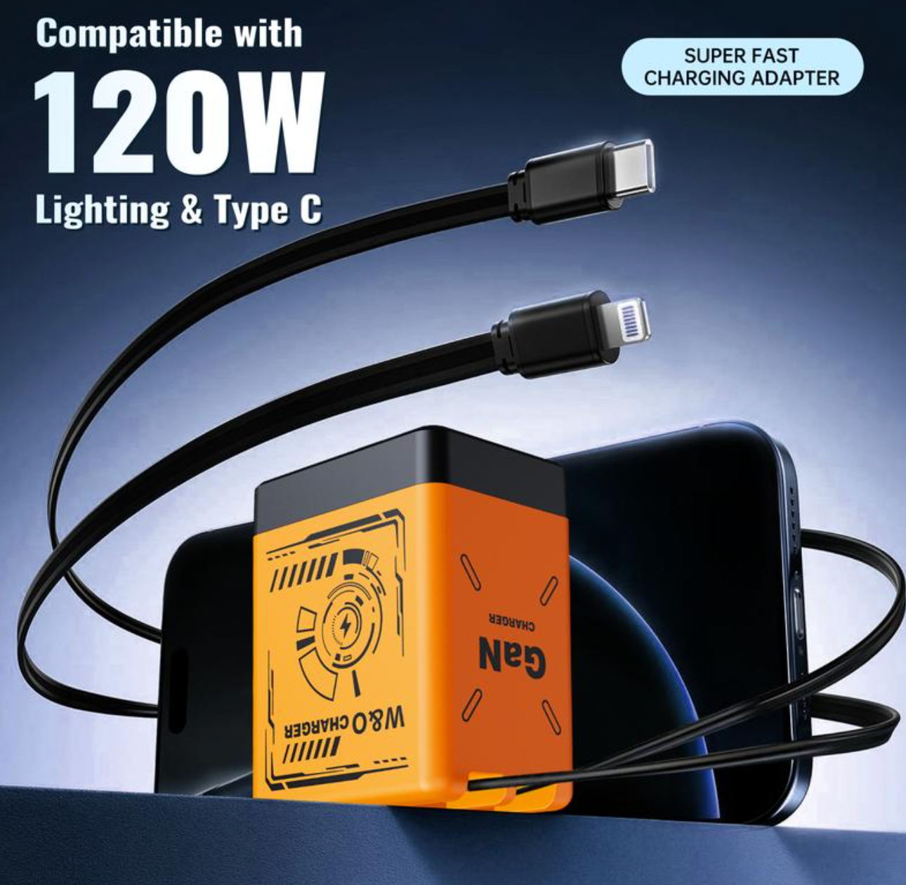 W&O 2-i-1 GaN Snabbladdare – 120W med Inbyggda Utdragbara Kablar