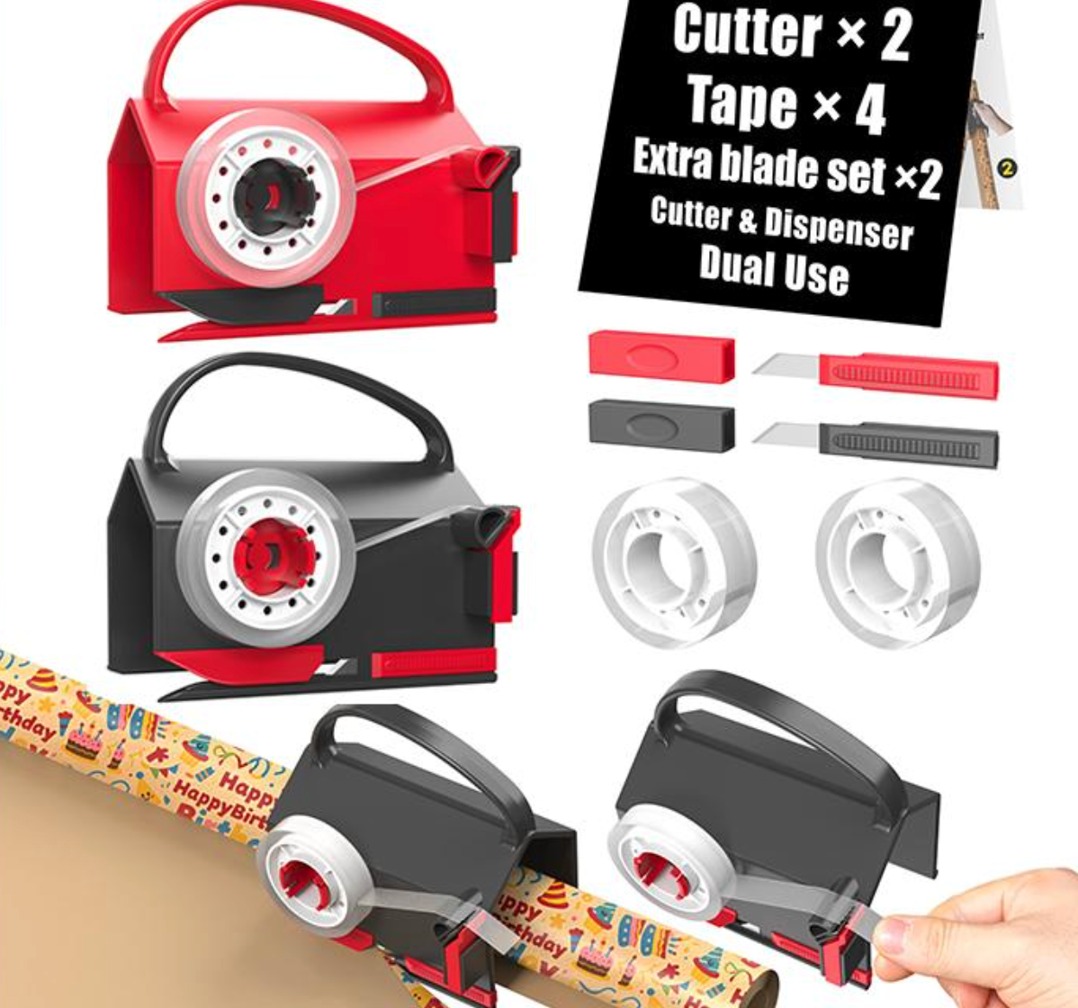 Presentpappersskärare & Tejphållare – Dubbel funktion + 4 tejprullar 🎁